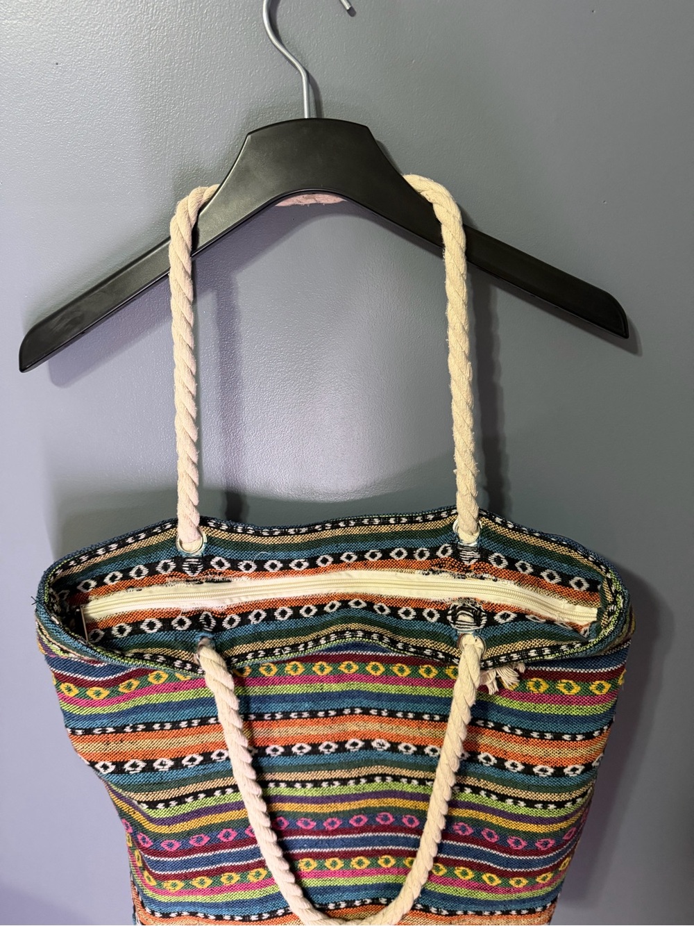 Boho Striped Multicolor Tote Bag with Rope Handles - Picture 3 of 4